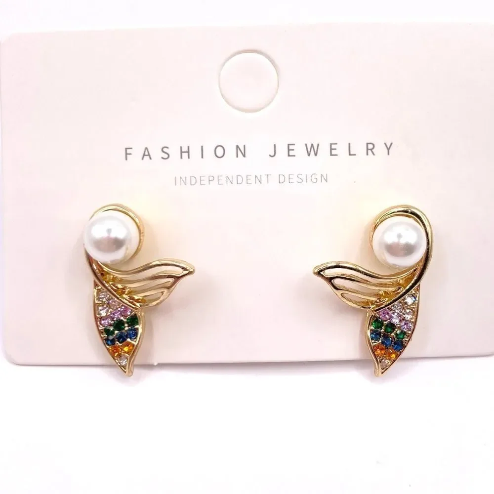 Gold Pearl Rhinestone Mermaid Tail Stud Earrings